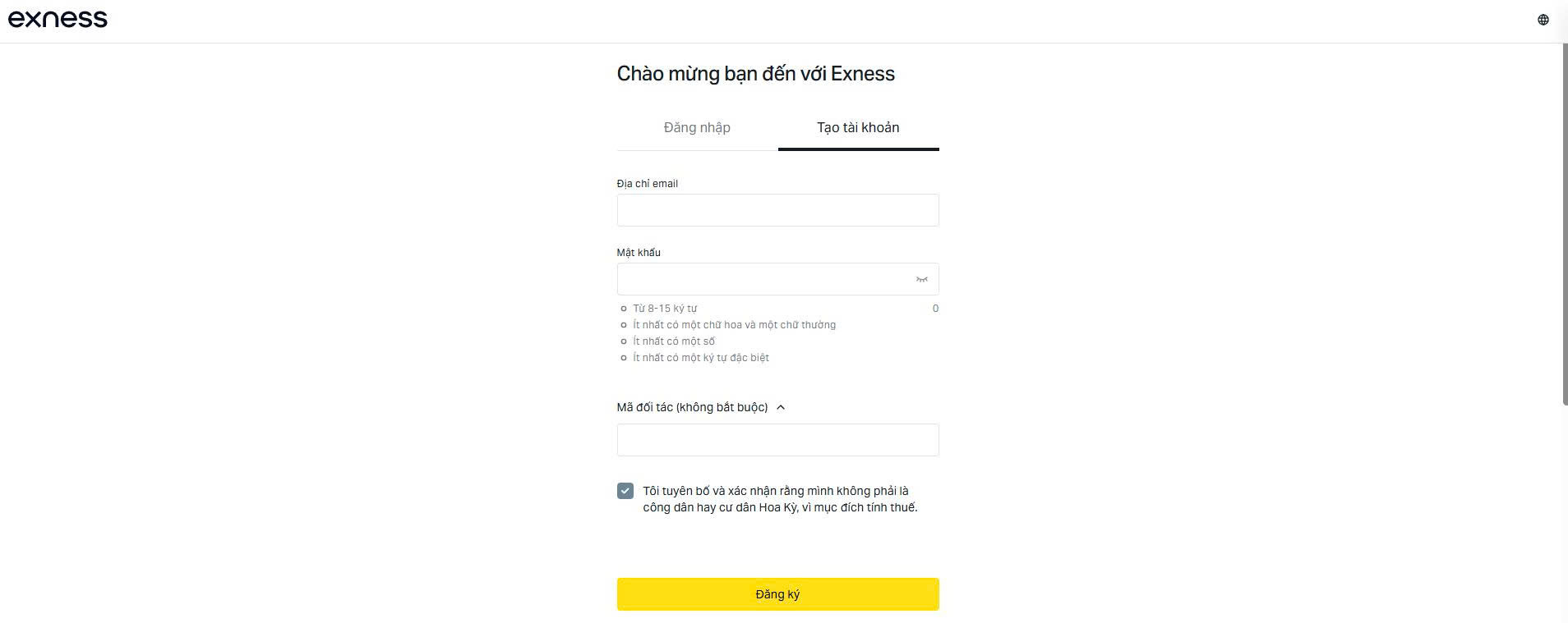 Màn hình đăng ký Exness — nhập mã đối tác oc9jb1aix4 vào ô "Mã đối tác (không bắt buộc)".