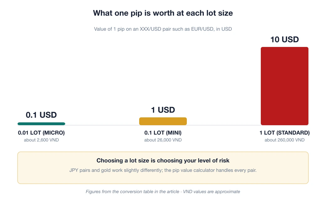 Column chart: one pip on an XXX/USD pair is worth about 0.1 USD at 0.01 lot, 1 USD at 0.1 lot and 10 USD at 1 lot