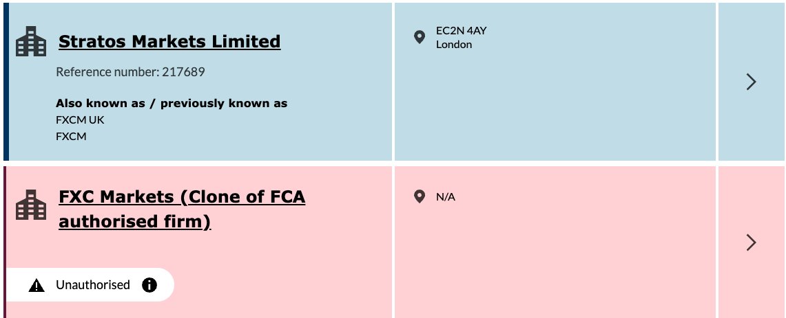 FCA Register hiển thị pháp nhân thật Stratos Markets Limited (FXCM) và một website clone bị đánh dấu Unauthorised