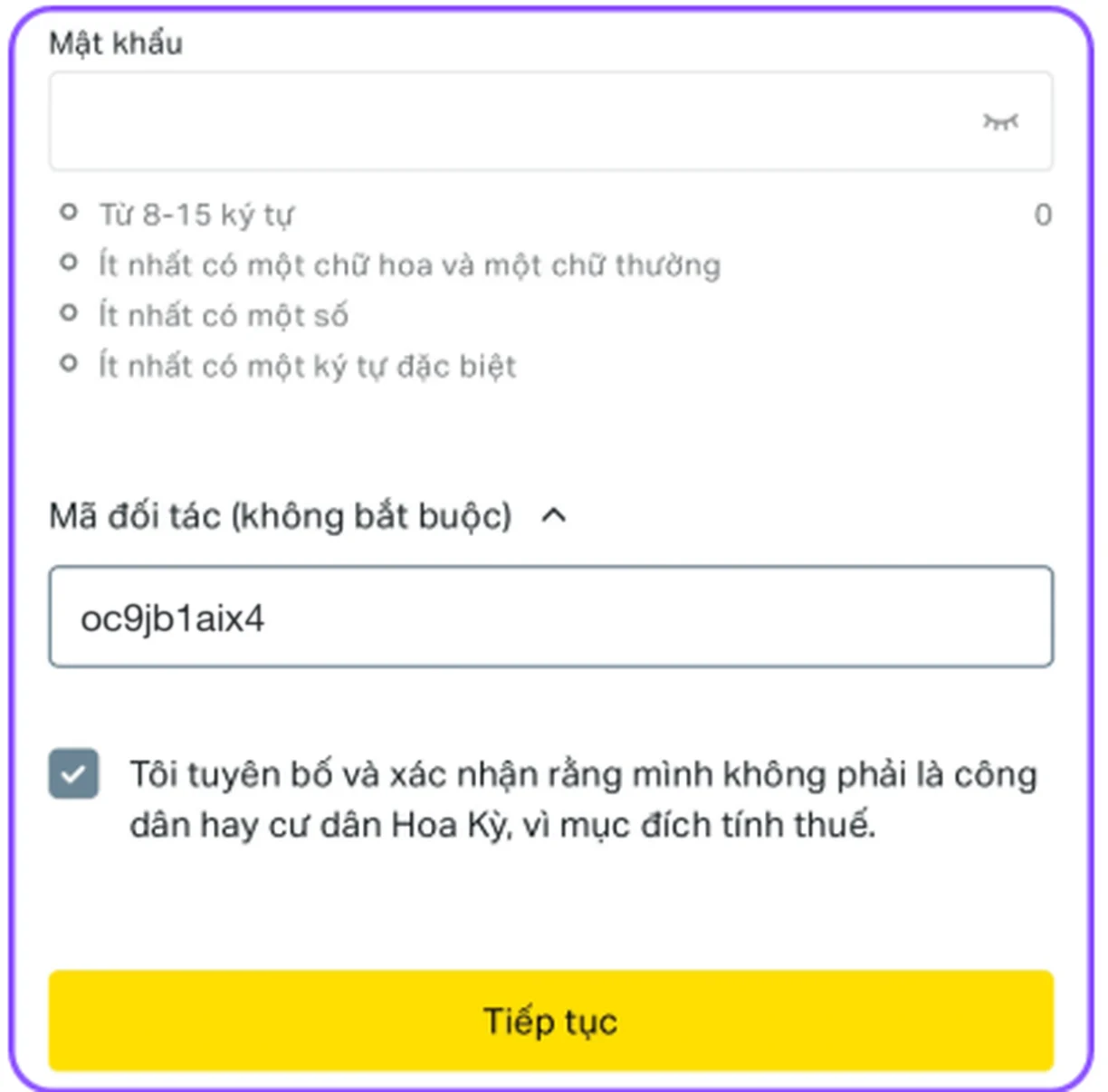Ô “Mã đối tác (không bắt buộc)” trên form đăng ký Exness, đã điền mã của DCTopTrade.