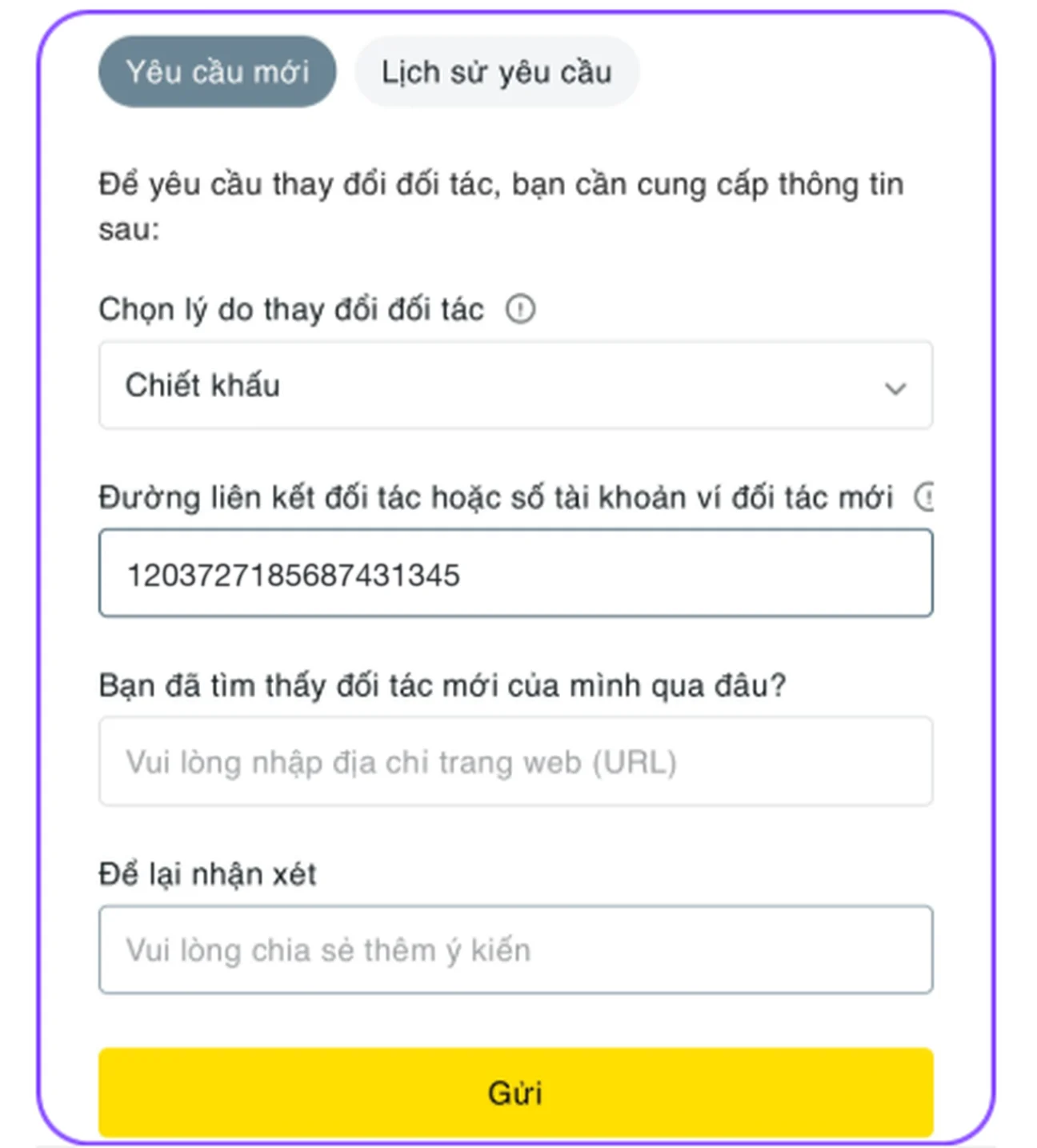 Biểu mẫu đổi đối tác, ô đã điền số ví đối tác của DCTopTrade.