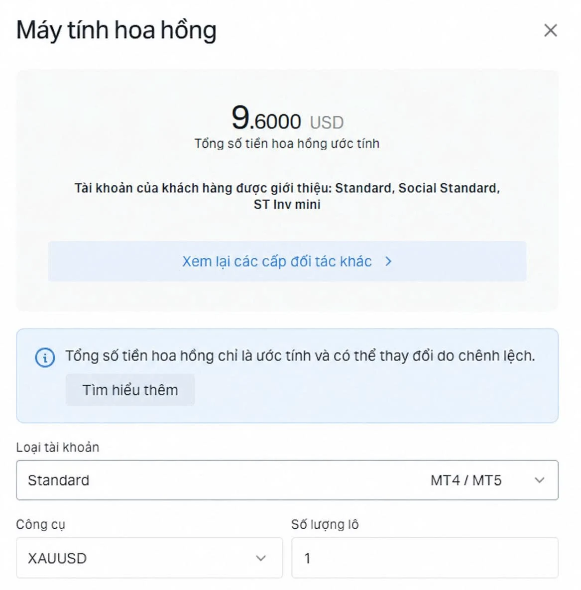 Máy tính hoa hồng trong Khu vực đối tác Exness: tài khoản Standard, công cụ XAUUSD, 1 lô, tổng hoa hồng ước tính 9,6000 USD