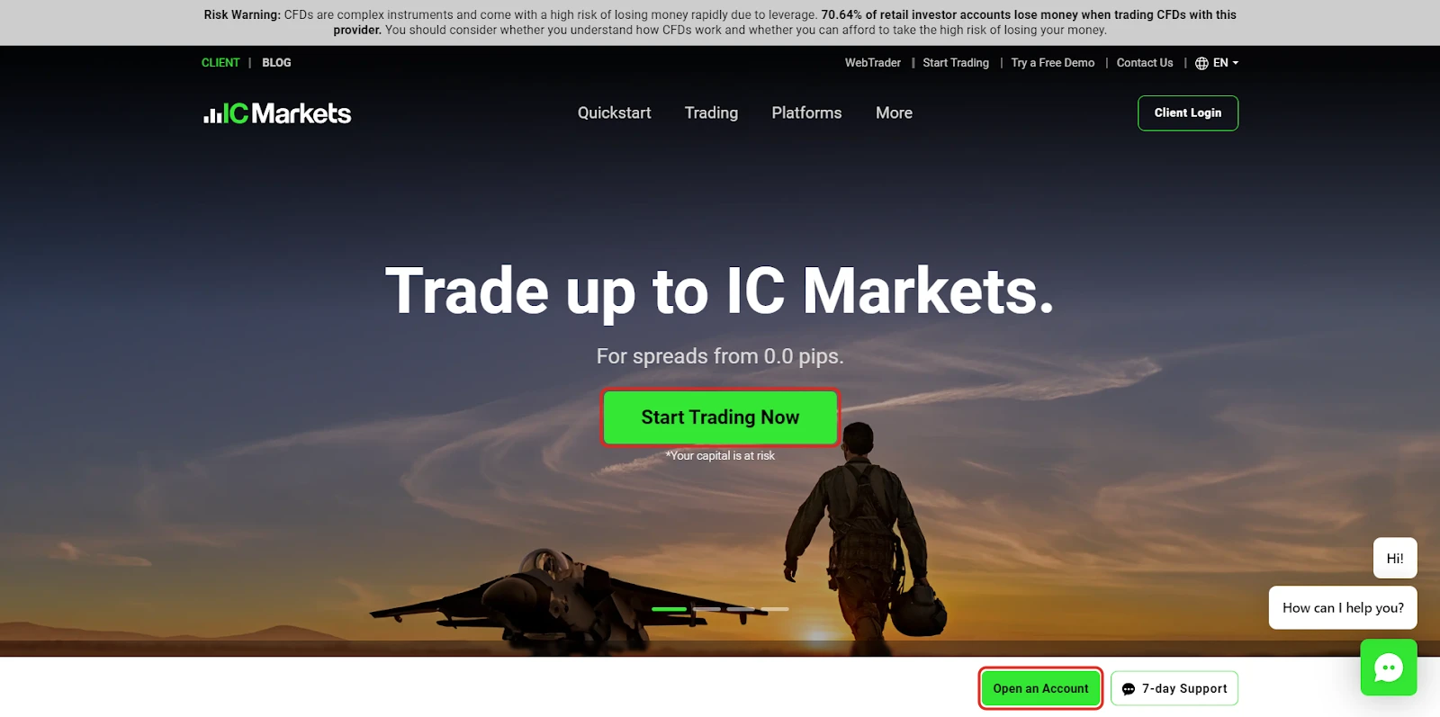 Trang chủ IC Markets với nút Start Trading Now và Open an Account