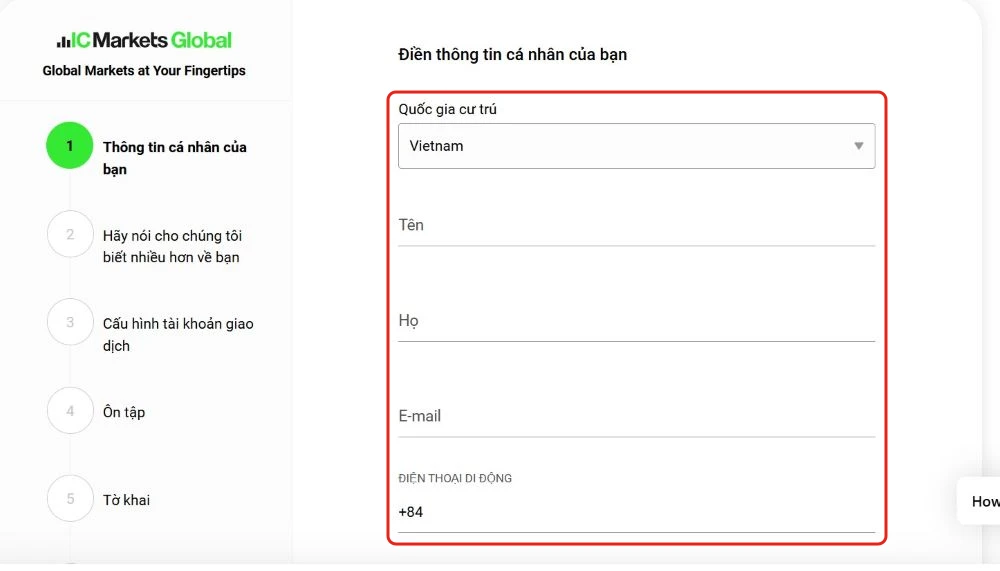 Bước Điền thông tin cá nhân của bạn trên form đăng ký IC Markets