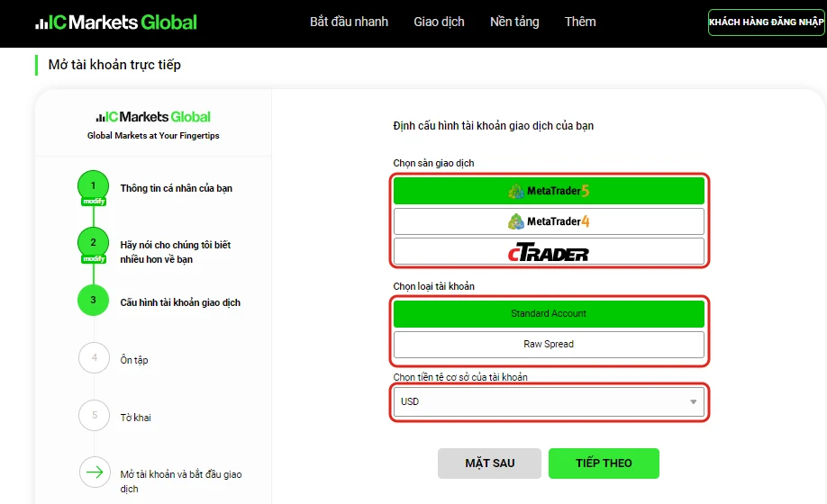 Bước cấu hình tài khoản: MetaTrader 5, MetaTrader 4, cTrader; Standard hoặc Raw Spread; tiền tệ USD