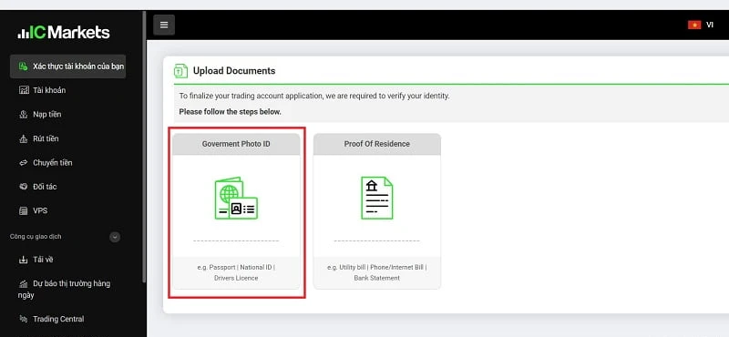 Mục Upload Documents trong Khu vực khách hàng IC Markets