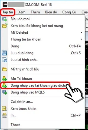 Menu Tệp tin của MetaTrader trên máy tính, mục Đăng nhập vào tài khoản giao dịch được khoanh đỏ