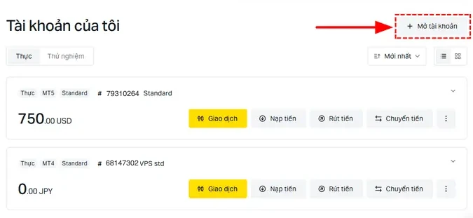 Trang Tài khoản của tôi trên Exness, mũi tên đỏ chỉ nút Mở tài khoản