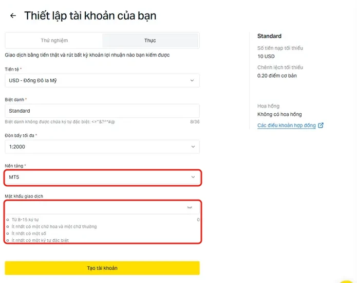Màn Thiết lập tài khoản của bạn trên Exness: ô Nền tảng chọn MT5 và ô Mật khẩu giao dịch kèm yêu cầu về độ dài và ký tự