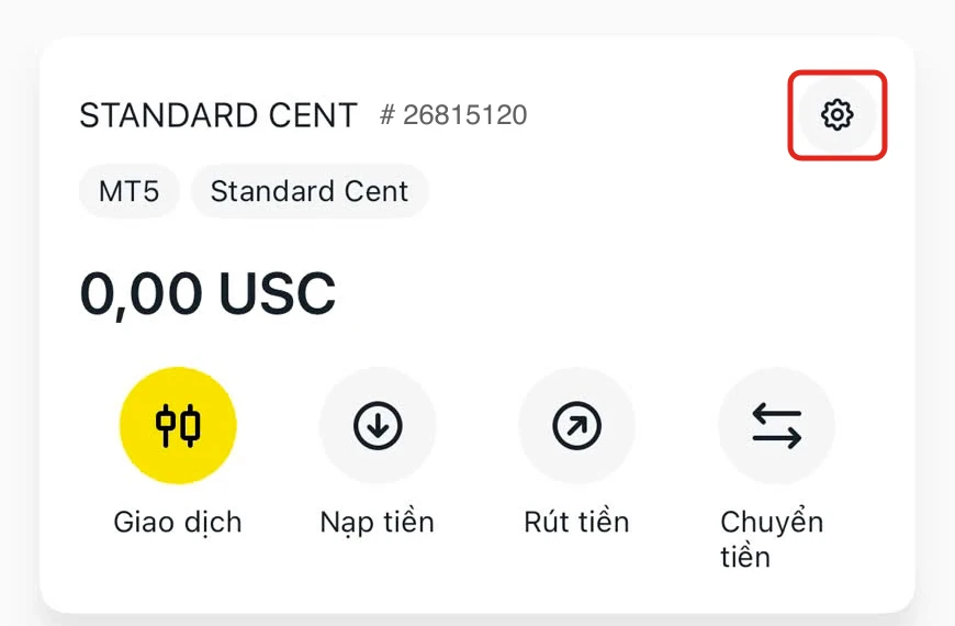 Thẻ tài khoản Standard Cent trong ứng dụng Exness, khung đỏ quanh biểu tượng bánh răng ở góc phải