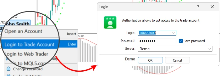 MT5 trên máy tính: menu chuột phải trong Navigator có mục Login to Trade Account, mở ra hộp Login với ba ô Login, Password và Server