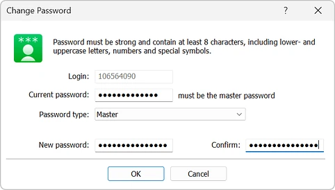 Hộp Change Password của MT5: ô Login, ô Current password ghi chú must be the master password, ô Password type, ô New password và Confirm