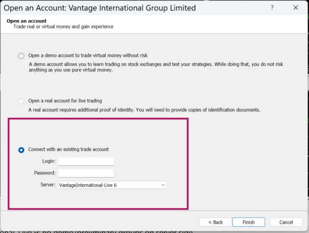 Hộp Open an Account của Vantage trong MT5, chọn Connect with an existing trade account với ba ô Login, Password, Server