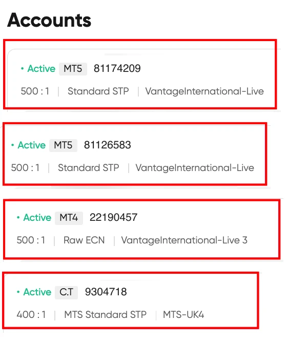 Bốn thẻ tài khoản Vantage trong Client Portal: hai tài khoản MT5 ở máy chủ VantageInternational-Live, một tài khoản MT4 ở VantageInternational-Live 3, một tài khoản cTrader ở MTS-UK4