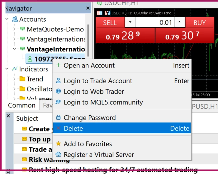 MT5 trên máy tính: chuột phải vào tài khoản trong Navigator, menu có Login to Trade Account, Change Password và Delete