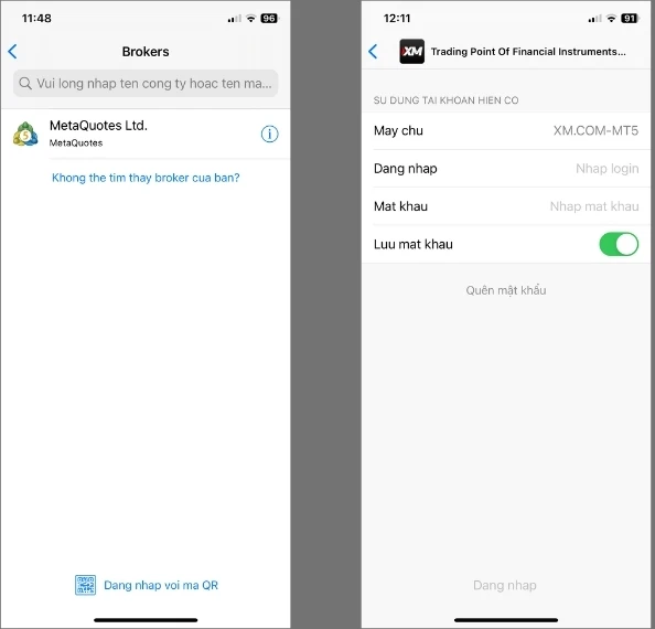 Ứng dụng MT5 trên iPhone: màn tìm sàn, rồi màn đăng nhập tài khoản XM với máy chủ XM.COM-MT5, ô Đăng nhập và Mật khẩu