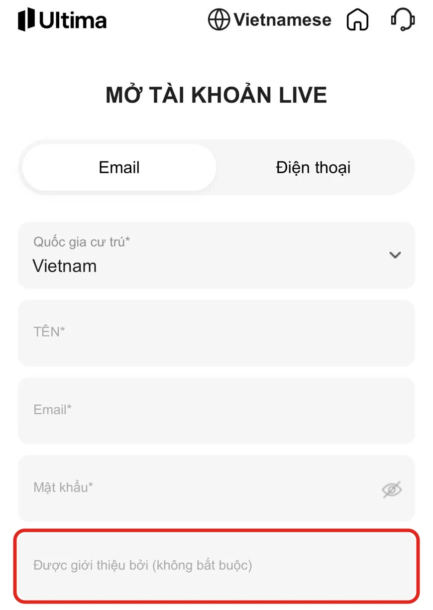 Form “Mở tài khoản live” của Ultima Markets, khung đỏ là ô “Giới thiệu bởi”.