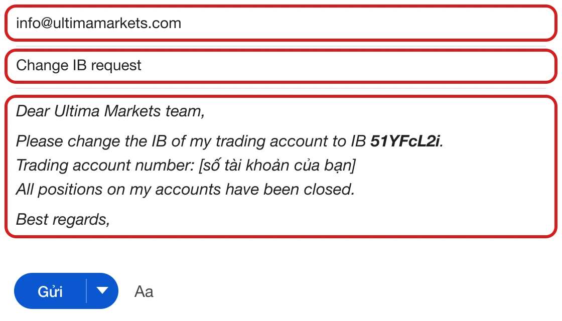 Thư mẫu gửi info@ultimamarkets.com, tiêu đề “Change IB request”, mã IB 51YFcL2i của DCTopTrade.