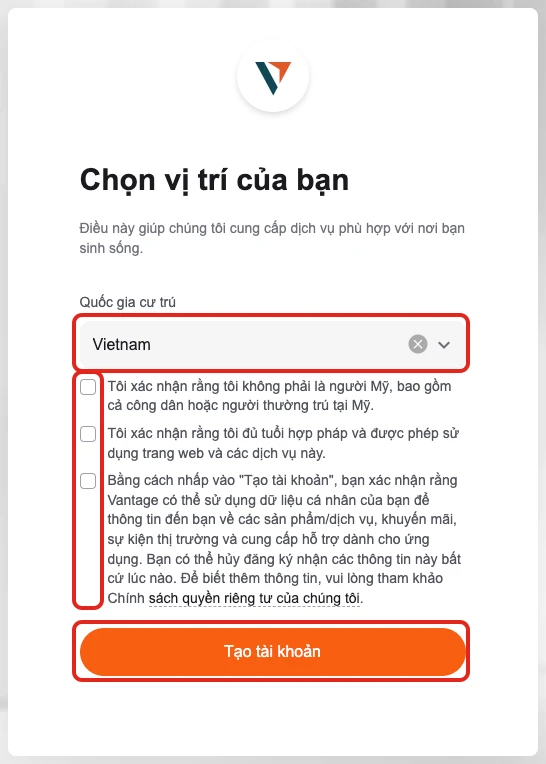 Màn Chọn vị trí của bạn khi đăng ký Vantage, quốc gia Vietnam và ba ô xác nhận