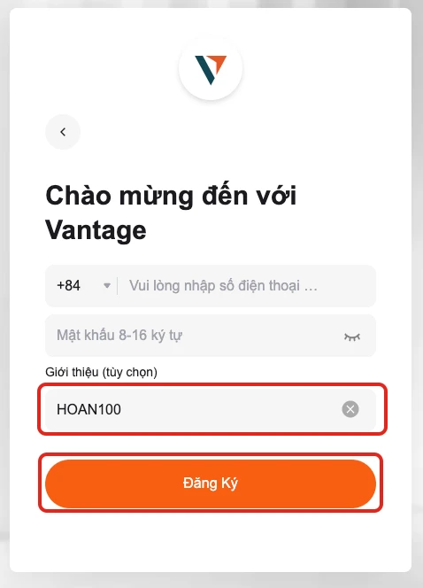 Ô Giới thiệu trên form đăng ký Vantage đã điền mã HOAN100