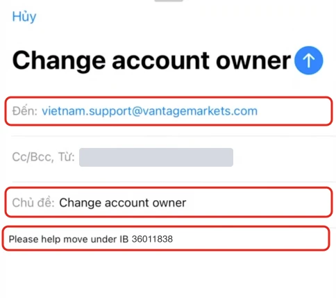 Thư mẫu tiêu đề “Change account owner”, mã IB 36011838 của DCTopTrade (đã thay mã trong ảnh gốc, che email người gửi).