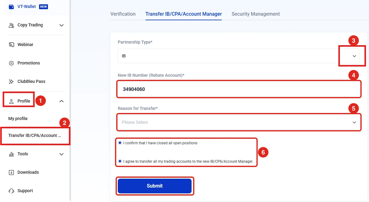 Form chuyển IB trong Cổng khách hàng VT Markets (ảnh từ trung tâm trợ giúp của sàn), số IB 34904060 do DCTopTrade điền minh hoạ.