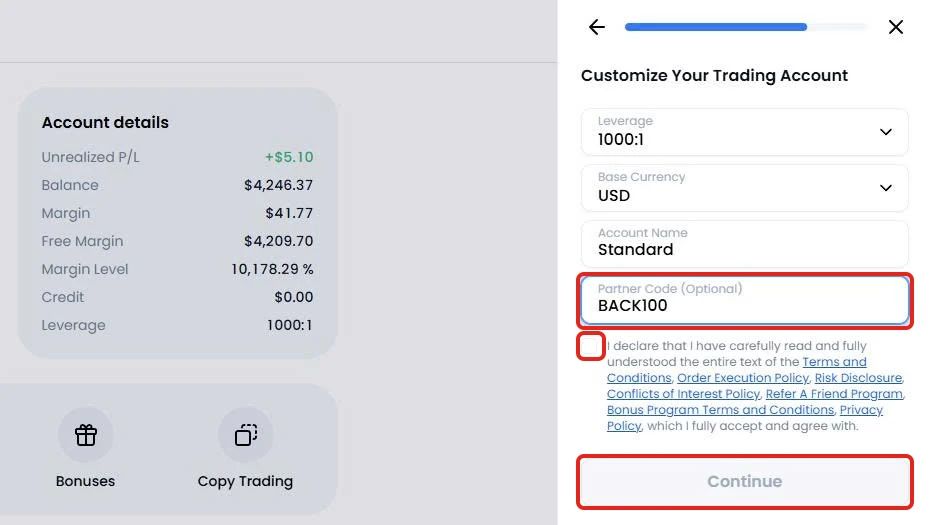 Ô Partner Code đã điền mã BACK100 của DCTopTrade.