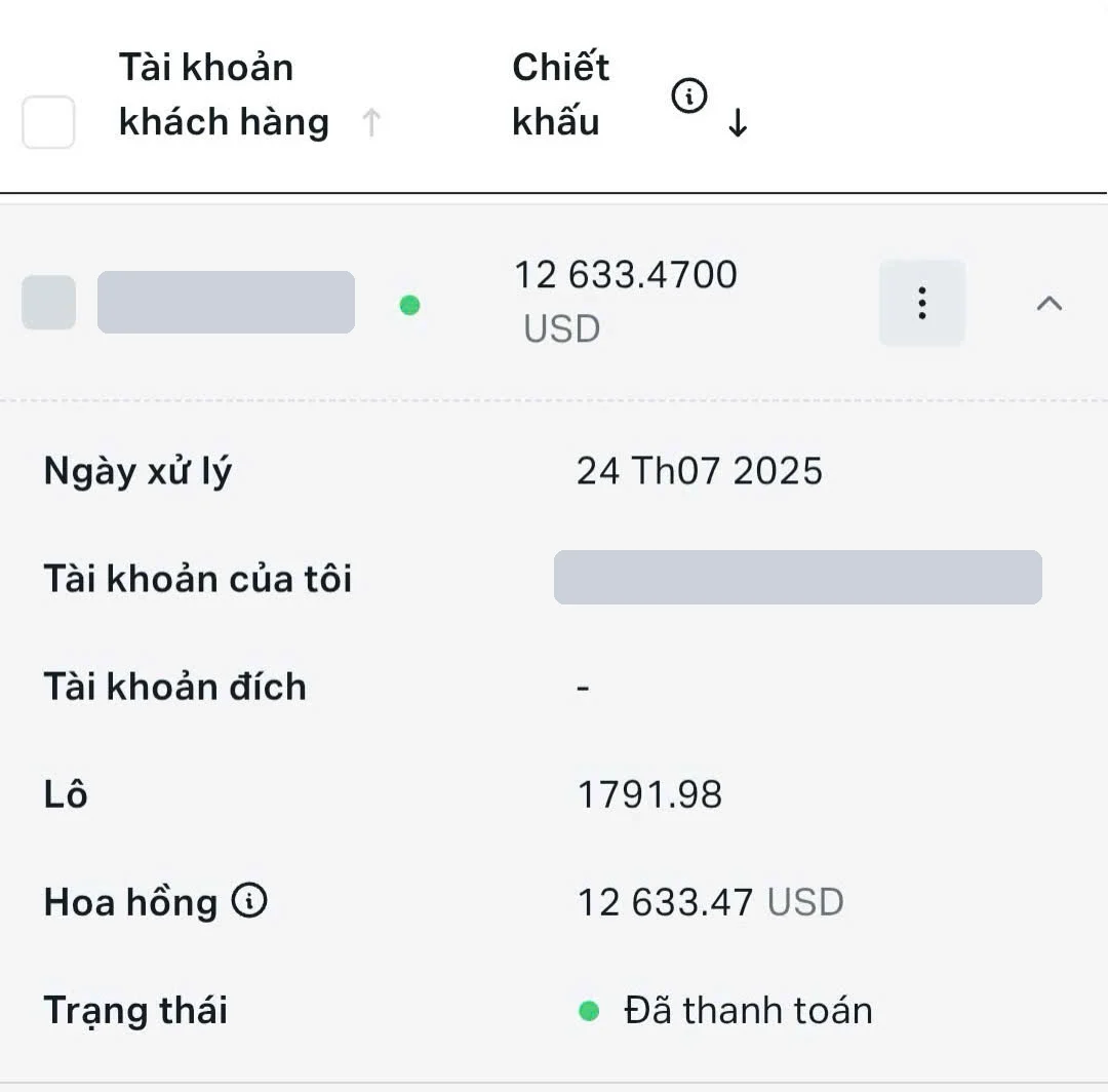 Exness commission of 12.633,47 USD for 1.791,98 lots, processed 24/07/2025, account numbers masked