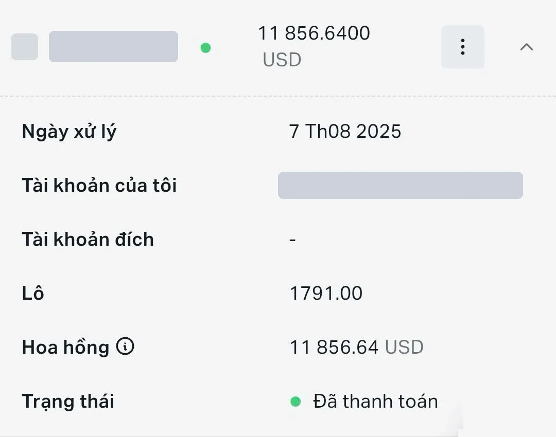 Exness commission of 11.856,64 USD for 1.791,00 lots, processed 07/08/2025, account numbers masked