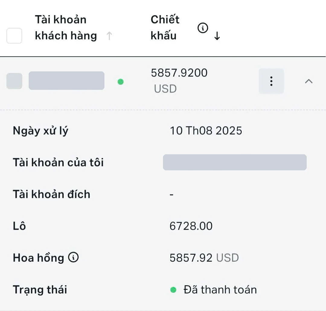 Exness commission of 5.857,92 USD for 6.728,00 lots, processed 10/08/2025, account numbers masked