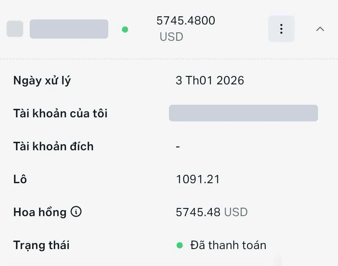 Exness commission of 5.745,48 USD for 1.091,21 lots, processed 03/01/2026, account numbers masked