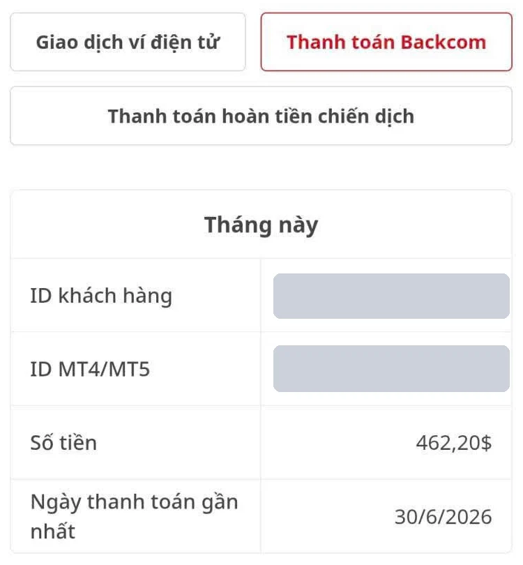 XM backcom payment of 462,20 USD on 30/06/2026, client ID masked