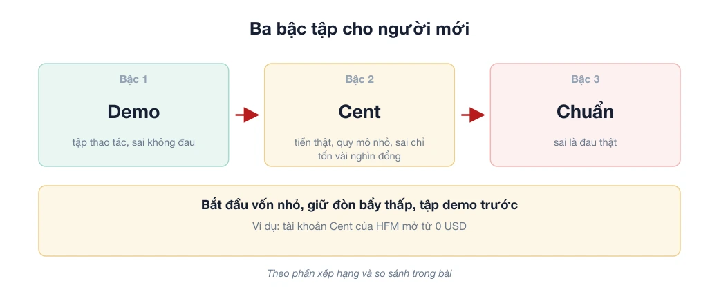 Sơ đồ ba bậc tập giao dịch cho người mới: tài khoản demo, tài khoản Cent rồi tài khoản chuẩn