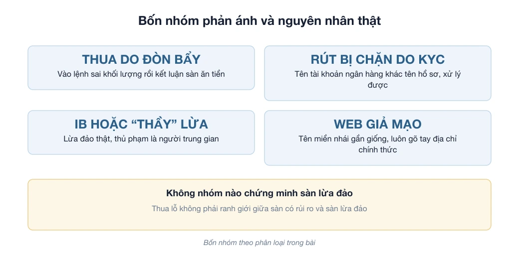 Sơ đồ bốn nhóm phản ánh Exness lừa đảo: thua do đòn bẩy, KYC, IB lừa và web giả mạo