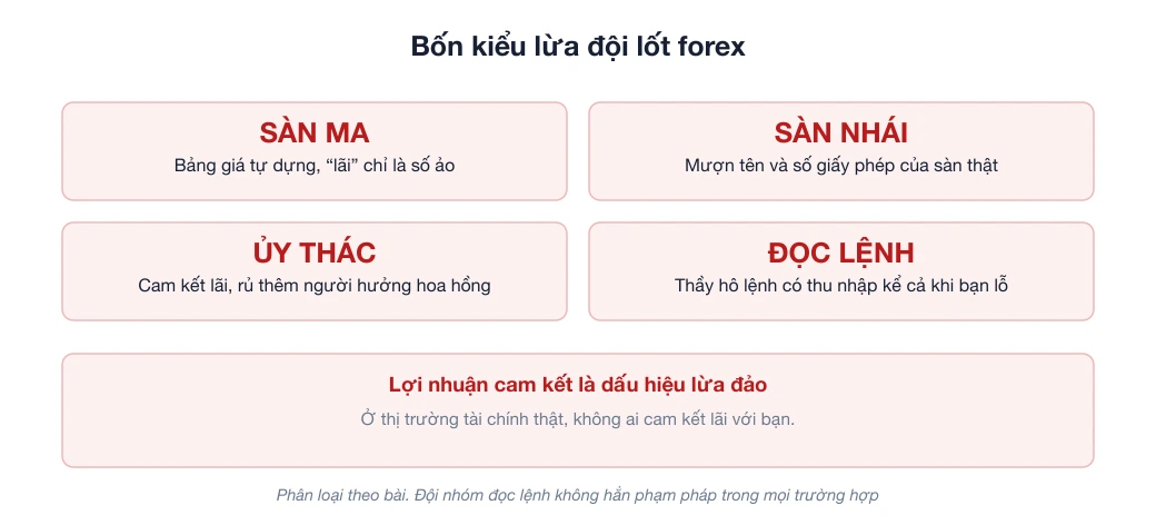 Sơ đồ bốn kiểu lừa đảo đội lốt forex ở Việt Nam: sàn ma tự dựng, sàn giả mạo thương hiệu, ủy thác cam kết lợi nhuận, đội nhóm đọc lệnh