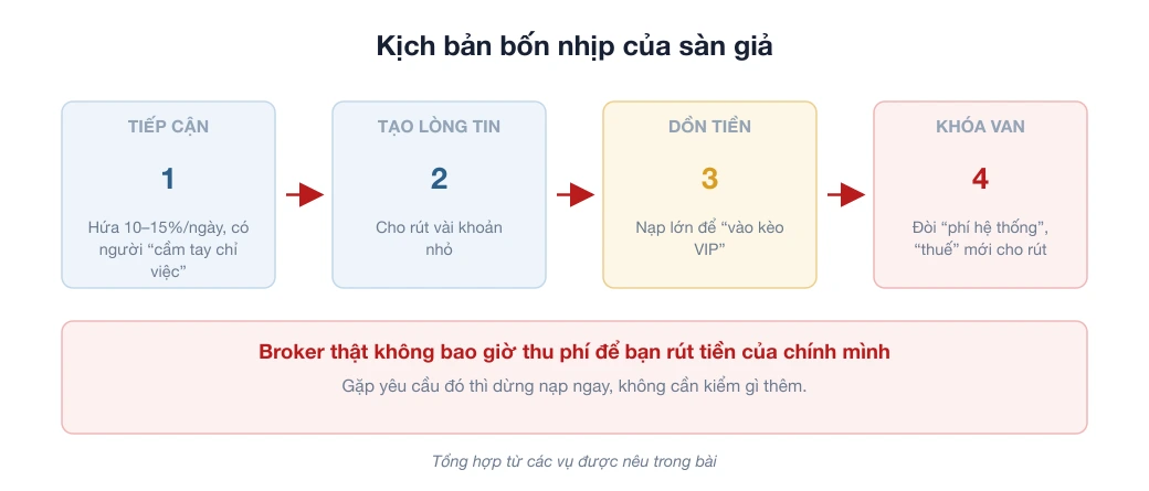 Sơ đồ bốn nhịp của sàn Forex giả mạo: tiếp cận, tạo lòng tin bằng vài khoản rút nhỏ, dồn tiền vào kèo VIP, khóa van bằng các loại phí rút tiền