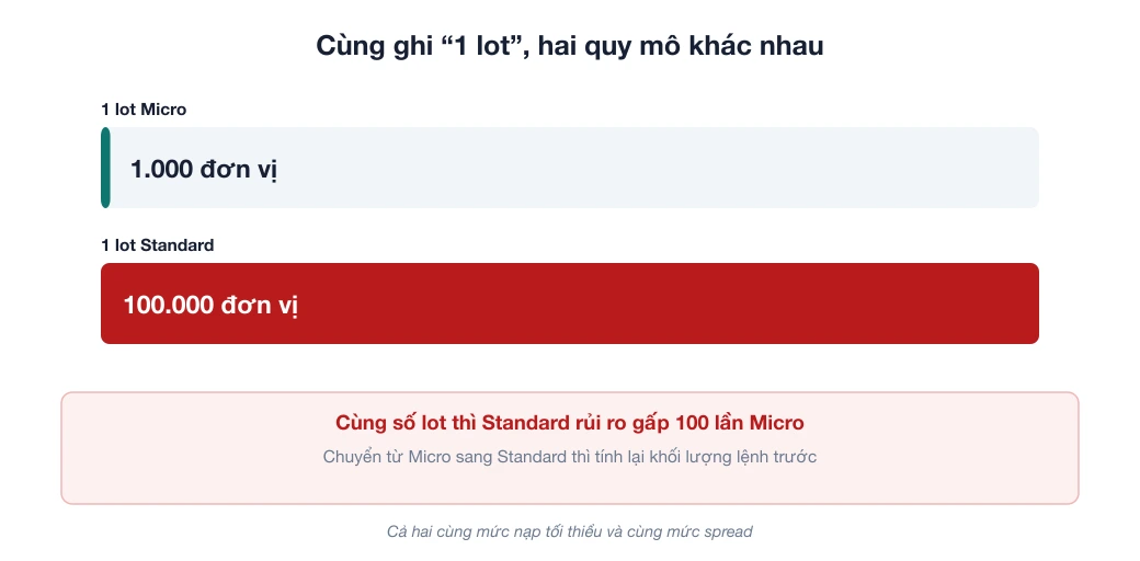 Biểu đồ so sánh quy mô 1 lot tài khoản Micro (1.000 đơn vị) và Standard (100.000 đơn vị) của XM
