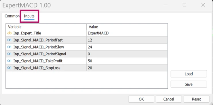 Cửa sổ thông số của EA mẫu ExpertMACD trong MT5, tab Inputs với chu kỳ MACD 12, 24, 9, Take Profit 50 và Stop Loss 20