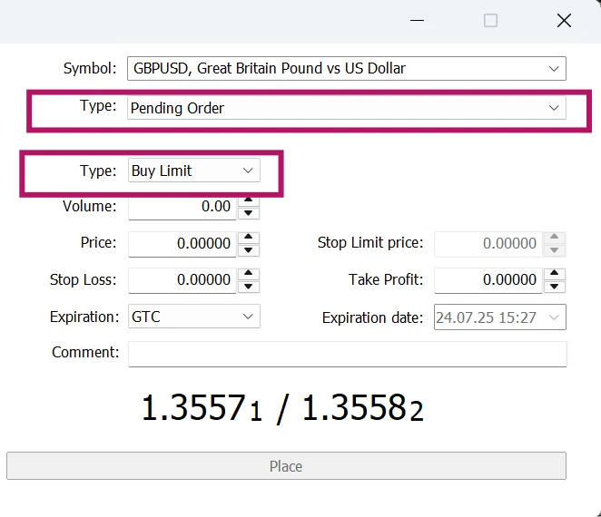 Cửa sổ Order của MT5 với Type Pending Order, loại lệnh Buy Limit, các ô Price, Stop Loss, Take Profit, Expiration và nút Place