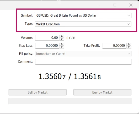 Cửa sổ Order của MT5 với ô Symbol GBPUSD, Type Market Execution, các ô Volume, Stop Loss, Take Profit và hai nút Sell by Market, Buy by Market