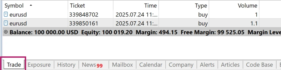 Tab Trade của MT5: hai lệnh mua EURUSD đang mở và dòng Balance, Equity, Margin, Free Margin, Margin Level của tài khoản demo