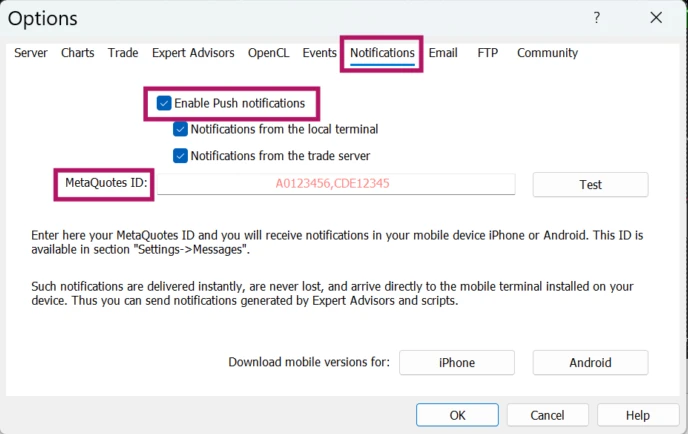 Hộp Options của MT5, tab Notifications: ô Enable Push notifications được tích, ô MetaQuotes ID và nút Test