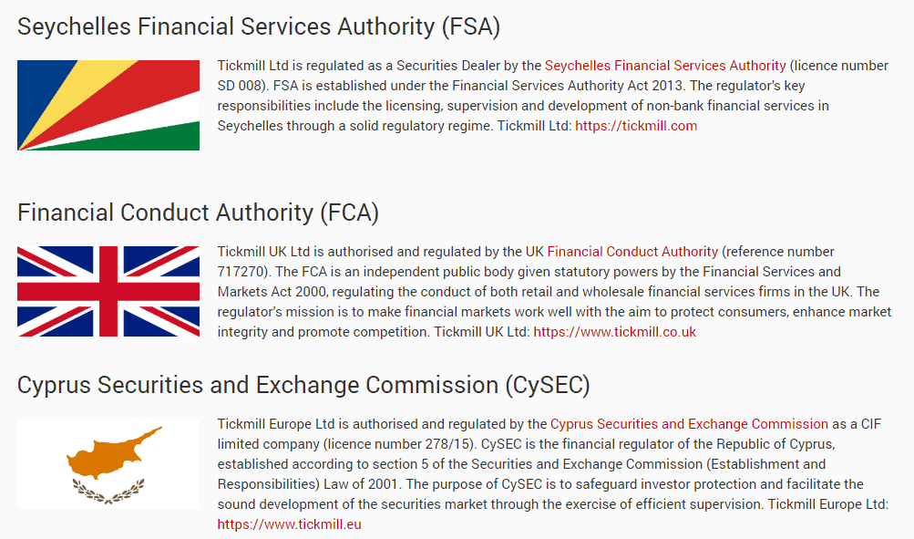 Giấy phép của Tickmill: FSA Seychelles (SD 008), FCA Anh (717270), CySEC (278/15)