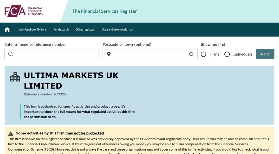 Ultima Markets UK Limited trên FCA Register với số tham chiếu 470325